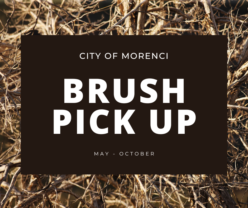 City of Morenci Brush Pick p will begin Tuesday, May 9 and will take place every 2nd and 4th Tuesday 8am-5pm. 