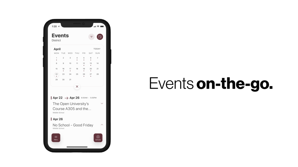 Displays an image of a smartphone open to the new Morenci Area Schools app.  Next to the image is text that says 'Events on-the-go'.