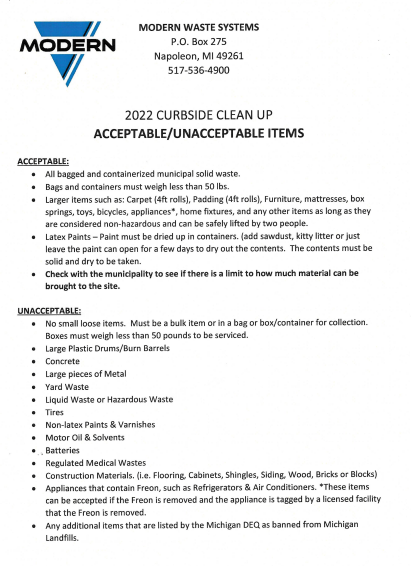Curbside Clean-Up Acceptable/Unacceptable Items