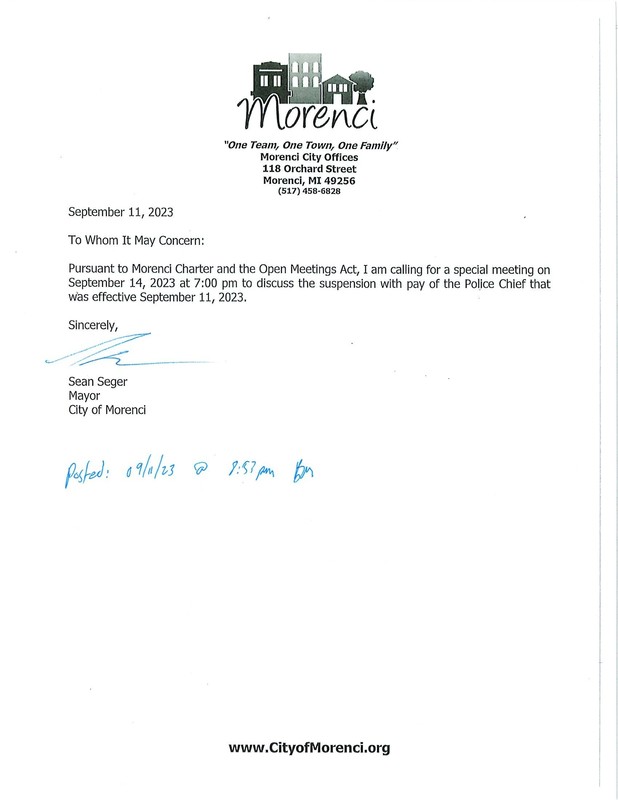 City Council Special Meeting 9/14/2023 City of Morenci